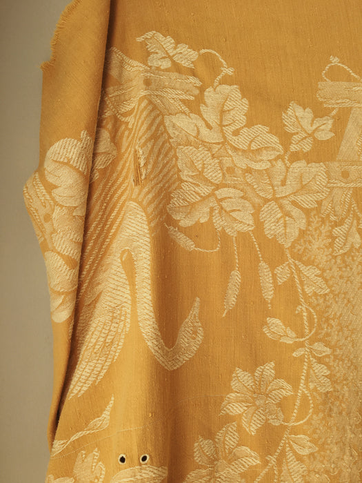Dijon yellow ticking with swans and flowers. Large panel. Spain c.1900