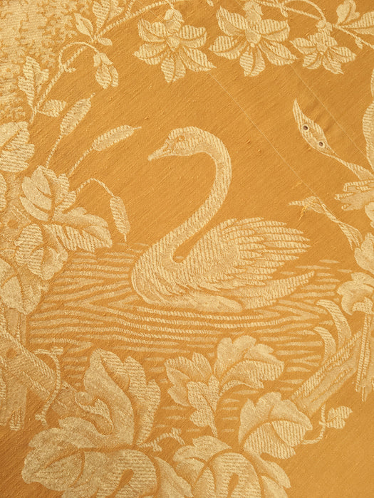 Dijon yellow ticking with swans and flowers. Large panel. Spain c.1900