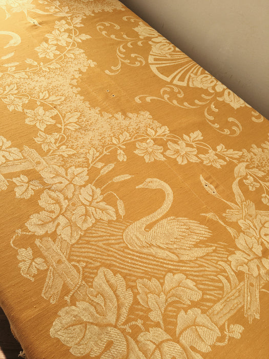 Dijon yellow ticking with swans and flowers. Large panel. Spain c.1900