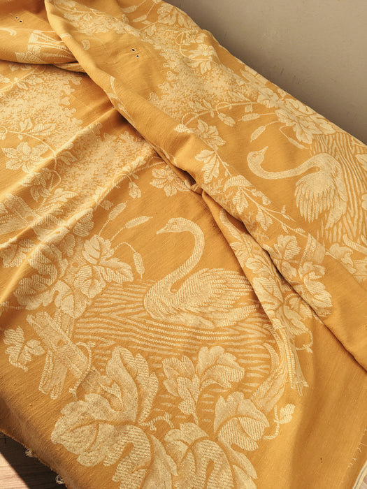 Dijon yellow ticking with swans and flowers. Large panel. Spain c.1900