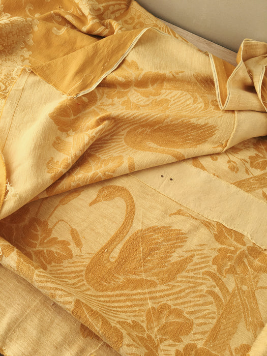 Dijon yellow ticking with swans and flowers. Large panel. Spain c.1900