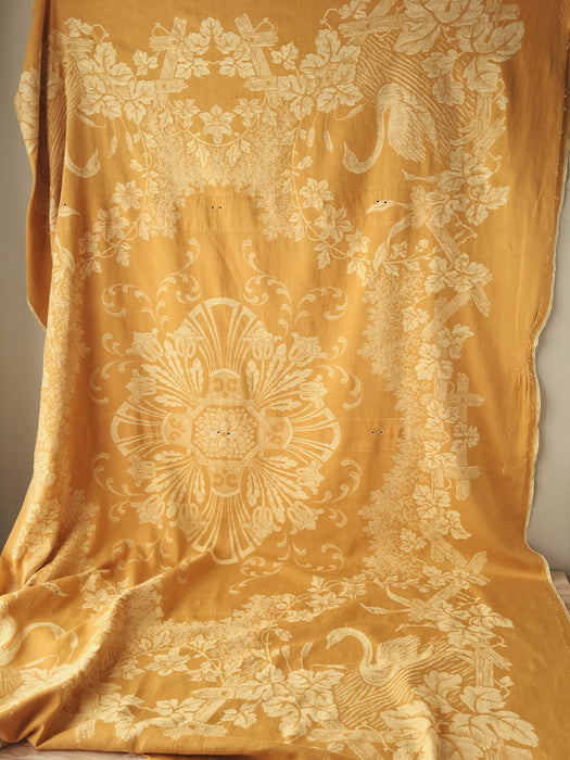 Dijon yellow ticking with swans and flowers. Large panel. Spain c.1900