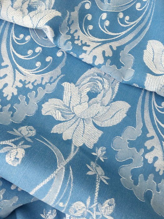 Light blue ticking with large peonies. Spain c.1940 - 154×430 cm