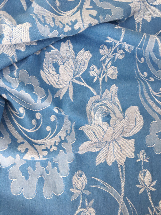 Light blue ticking with large peonies. Spain c.1940 - 154×430 cm