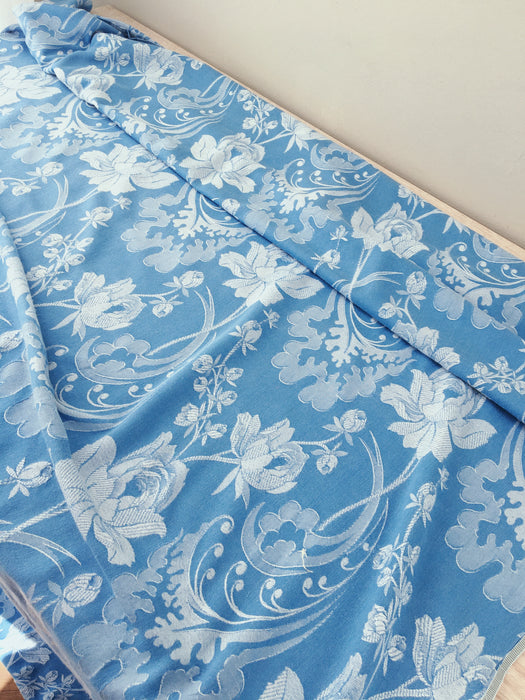 Light blue ticking with large peonies. Spain c.1940 - 154×430 cm