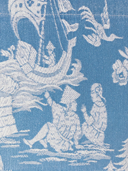 Blue Chinoiserie Scenic Antique European Ticking Fabric Recovered Panels REC-DA-AZUL-020A - Ticking Depot