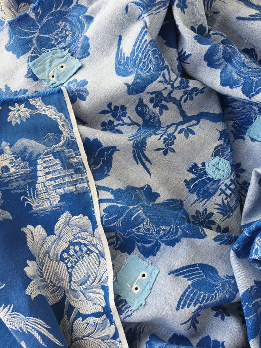 Cobalt blue ticking with birds talking. Spain c.1940 - Lot of 2 pieces