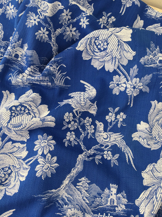 Cobalt blue ticking with birds talking. Spain c.1940 - 135×300 cm