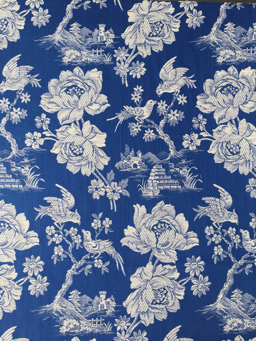 Cobalt blue ticking with birds talking. Spain c.1940 - 135×300 cm