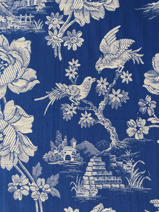 Cobalt blue ticking with birds talking. Spain c.1940 - 135×300 cm