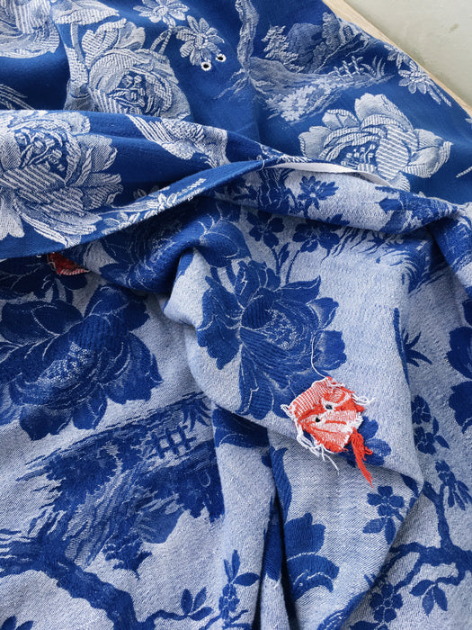 Cobalt blue ticking with birds talking. Spain c.1940 - Lot of 2 pieces