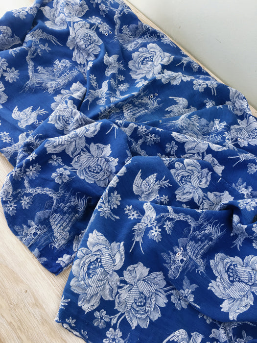 Cobalt blue ticking with birds talking. Spain c.1940 - Lot of 2 pieces