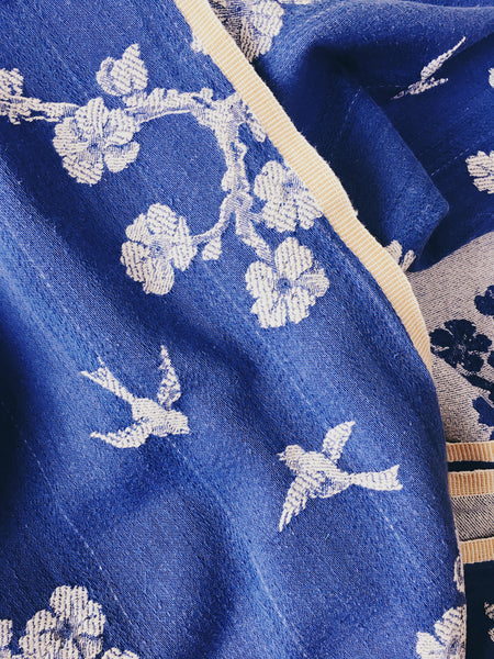 Blue Birds Chinoiserie Antique European Ticking Fabric Recovered Panels REC-DA-AZUL-027 - Ticking Depot