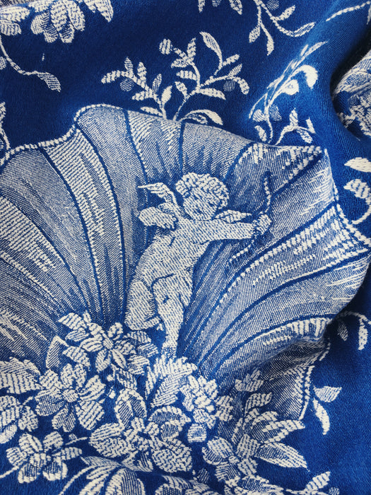Cobalt blue ticking with cute cupids. Spain c.1940 - 55×141 cm