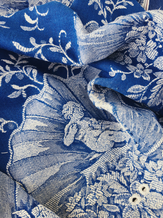 Cobalt blue ticking with cute cupids. Spain c.1940 - 55×141 cm