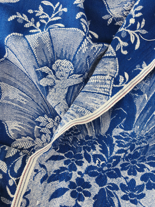 Cobalt blue ticking with cute cupids. Spain c.1940 - 55×141 cm