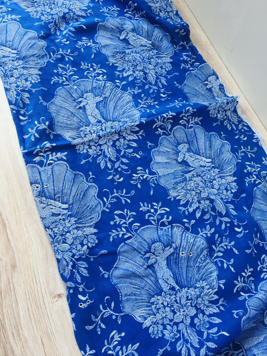 Cobalt blue ticking with cute cupids. Spain c.1940 - 55×141 cm