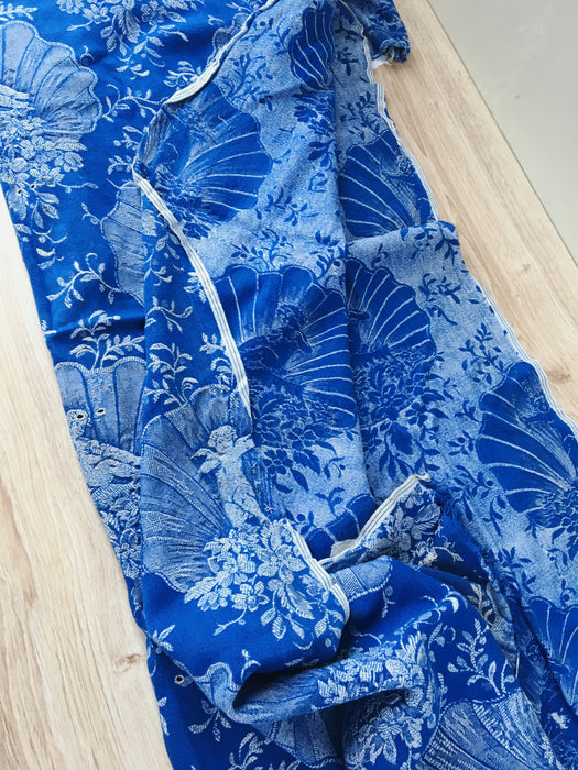 Cobalt blue ticking with cute cupids. Spain c.1940 - 55×141 cm