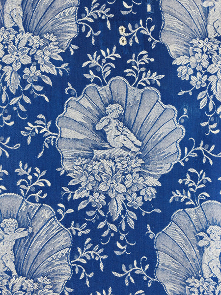 Cobalt blue ticking with cute cupids. Spain c.1940 - 55×141 cm