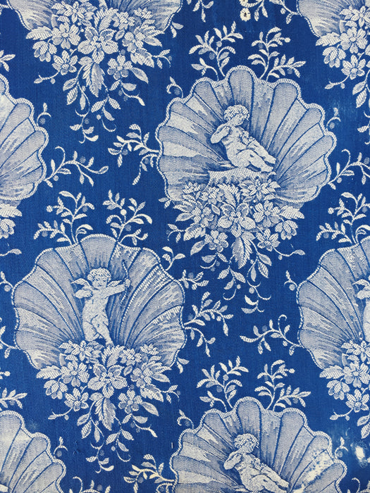 Cobalt blue ticking with cute cupids. Spain c.1940 - 55×141 cm