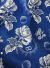 Large white roses in cobalt blue ticking. Spain c.1940 - 40×180 cm