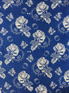 Large white roses in cobalt blue ticking. Spain c.1940 - 40×180 cm