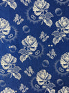 Large white roses in cobalt blue ticking. Spain c.1940 - 40×180 cm