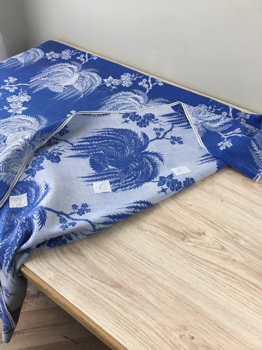 Birds and flowers in blue ticking. Spain c.1930 - 120 cm × 1.3 meters