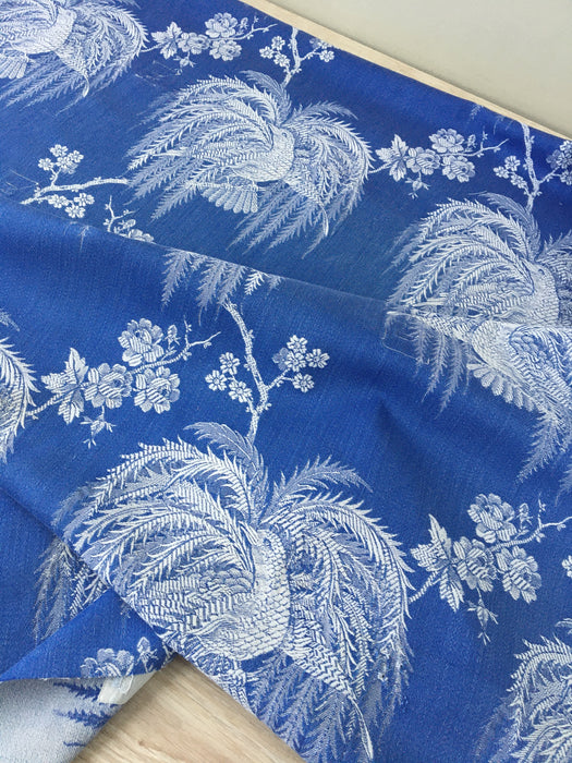 Birds and flowers in blue ticking. Spain c.1930 - 120 cm × 1.3 meters