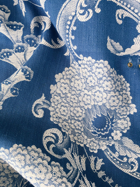 Blue Floral Antique European Ticking Fabric Recovered Panels REC-DA-AZUL-045 - Ticking Depot