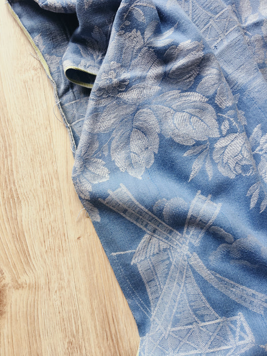 Light blue ticking with mills and big flowers. Spain c.1900 - Lot of 2 pieces