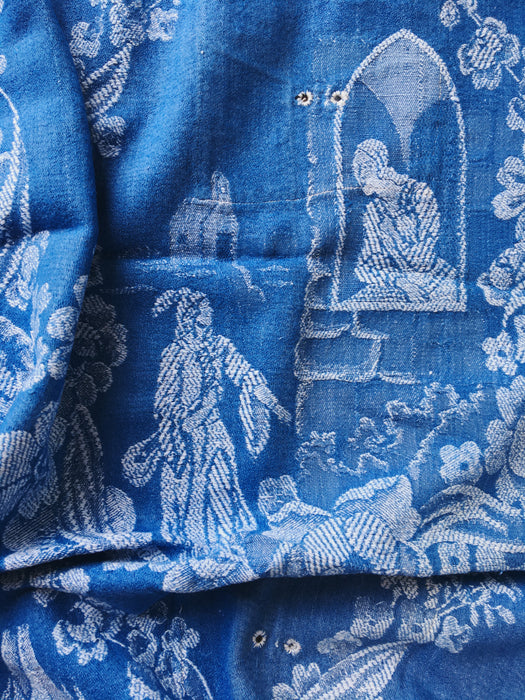 Blue ticking with romantic scene. Very rare! Spain c.1900 - Lot of 2 pieces