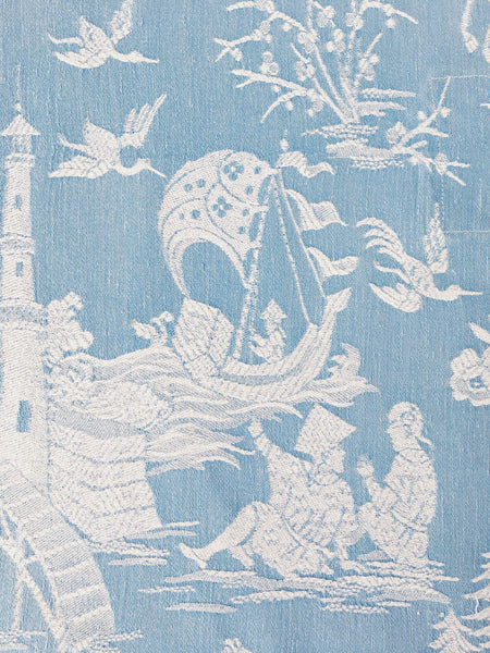 Blue Chinoiserie Scenic Antique European Ticking Fabric Recovered Panels REC-DA-AZUL-055 - Ticking Depot