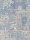 Blue faded ticking with dancer, buildings and soldiers on horseback. Spain c.1950 - 50×135 cm
