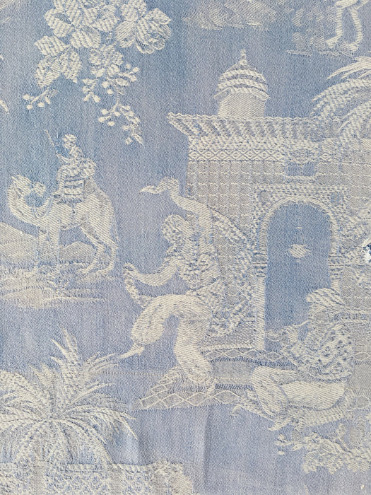 Blue faded ticking with dancer, buildings and soldiers on horseback. Spain c.1950 - 50×135 cm