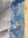 Blue faded ticking with dancer, buildings and soldiers on horseback. Spain c.1950 - 50×135 cm