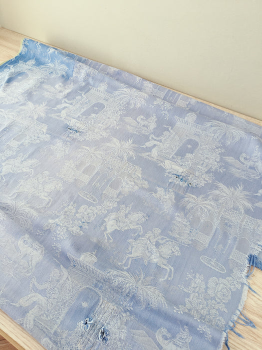 Blue faded ticking with dancer, buildings and soldiers on horseback. Spain c.1950 - 50×135 cm