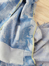 Blue faded ticking with dancer, buildings and soldiers on horseback. Spain c.1950 - 50×135 cm