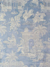 Blue faded ticking with dancer, buildings and soldiers on horseback. Spain c.1950 - 50×135 cm