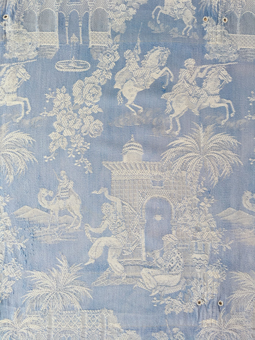 Blue faded ticking with dancer, buildings and soldiers on horseback. Spain c.1950 - 50×135 cm