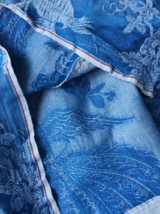 Cobalt blue ticking with exotic bird. Spain c.1950 - 98×106 cm