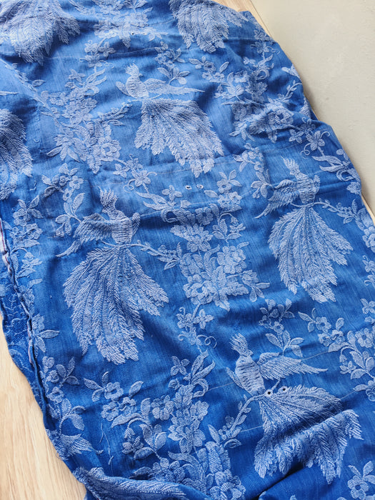 Cobalt blue ticking with exotic bird. Spain c.1950 - 98×106 cm