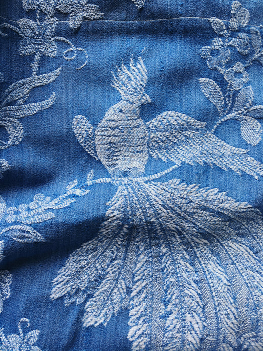 Cobalt blue ticking with exotic bird. Spain c.1950 - 98×106 cm