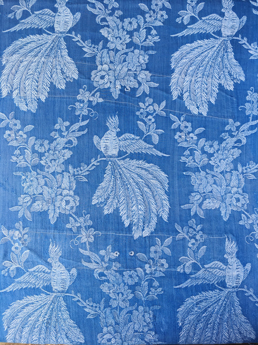 Cobalt blue ticking with exotic bird. Spain c.1950 - 98×106 cm