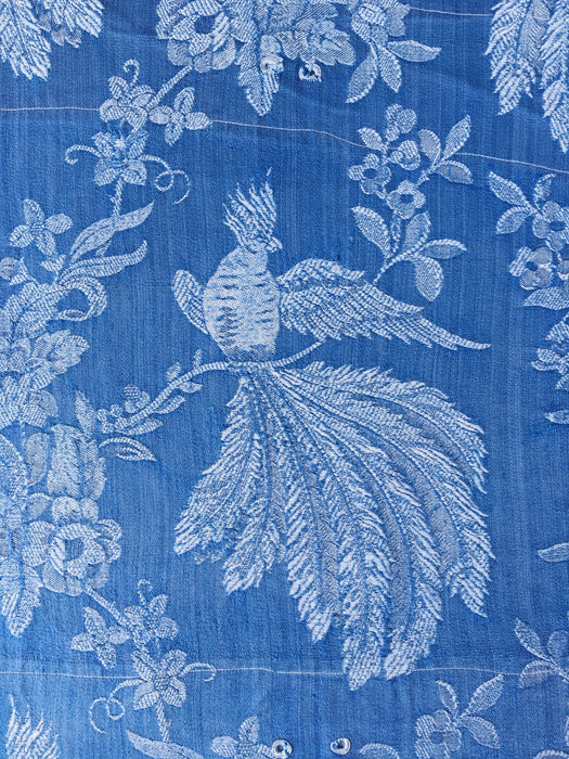 Cobalt blue ticking with exotic bird. Spain c.1950 - 98×106 cm