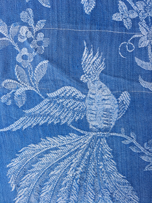 Cobalt blue ticking with exotic bird. Spain c.1950 - 98×106 cm