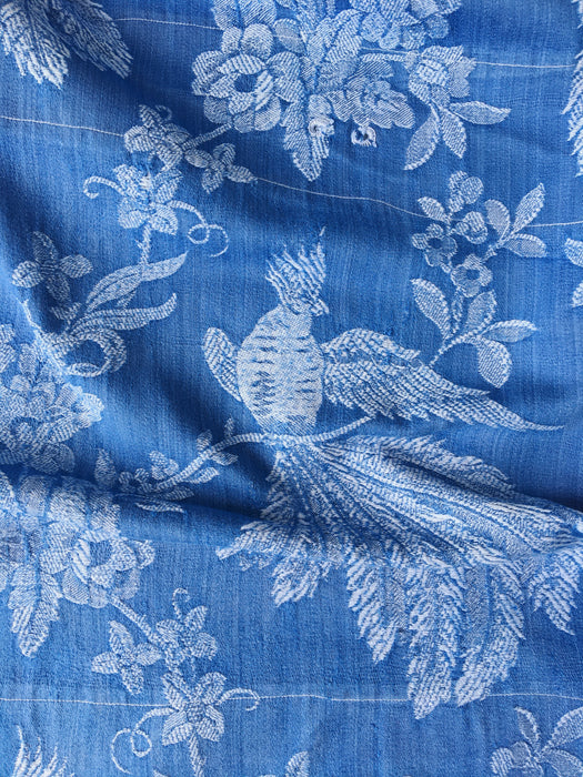 Cobalt blue ticking with exotic bird. Spain c.1950 - 98×106 cm