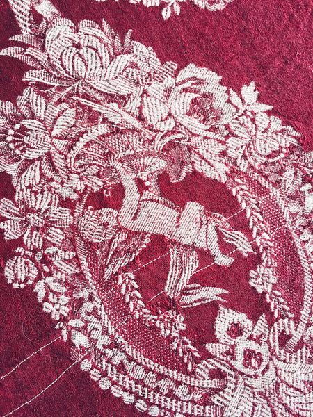 Burgundy Cupids Antique European Ticking Fabric Recovered Panels REC-DA-GRANATE-003 - Ticking Depot
