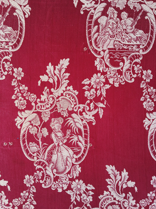 Burgundy ticking with ladies and lovers. Spain c.1950 - 145×185 cm