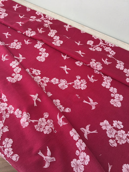 Burgundy ticking with cherry blossom and swallows. Spain c.1900 - Lot of 3 pieces